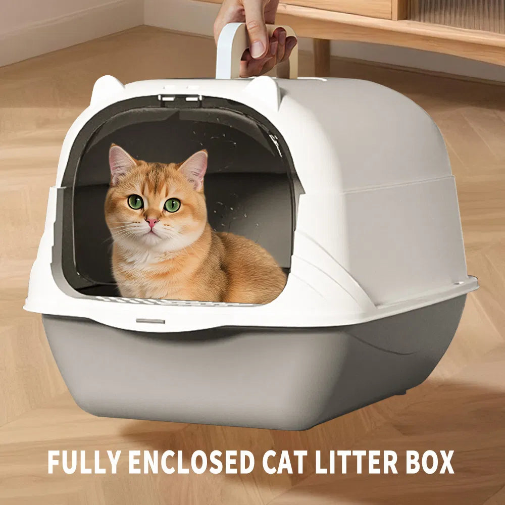 Fully Enclosed Cat Litter Box, Gray - Odor-Locking, Portable With Scoop & Litter Mat