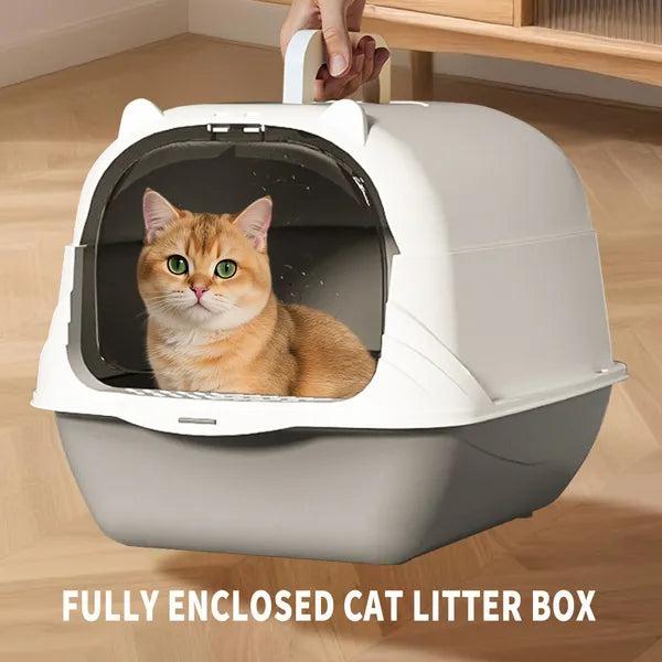 Fully Enclosed Cat Litter Box, Gray - Odor-Locking, Portable With Scoop & Litter Mat